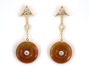 54354 - Gold Diamond Jadeite Disc Triangular Dangle Drop Earrings