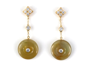 54356 - Gold Diamond Jadeite Pi Disc Drop Earrings