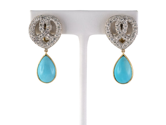 54363 - Circa 1970s Gold Diamond Turquoise Earrings