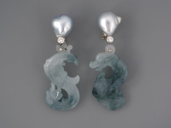 54370 - SOLD - Platinum Diamond Baroque Pearl Carved Jadeite Dragon Phoenix Earrings