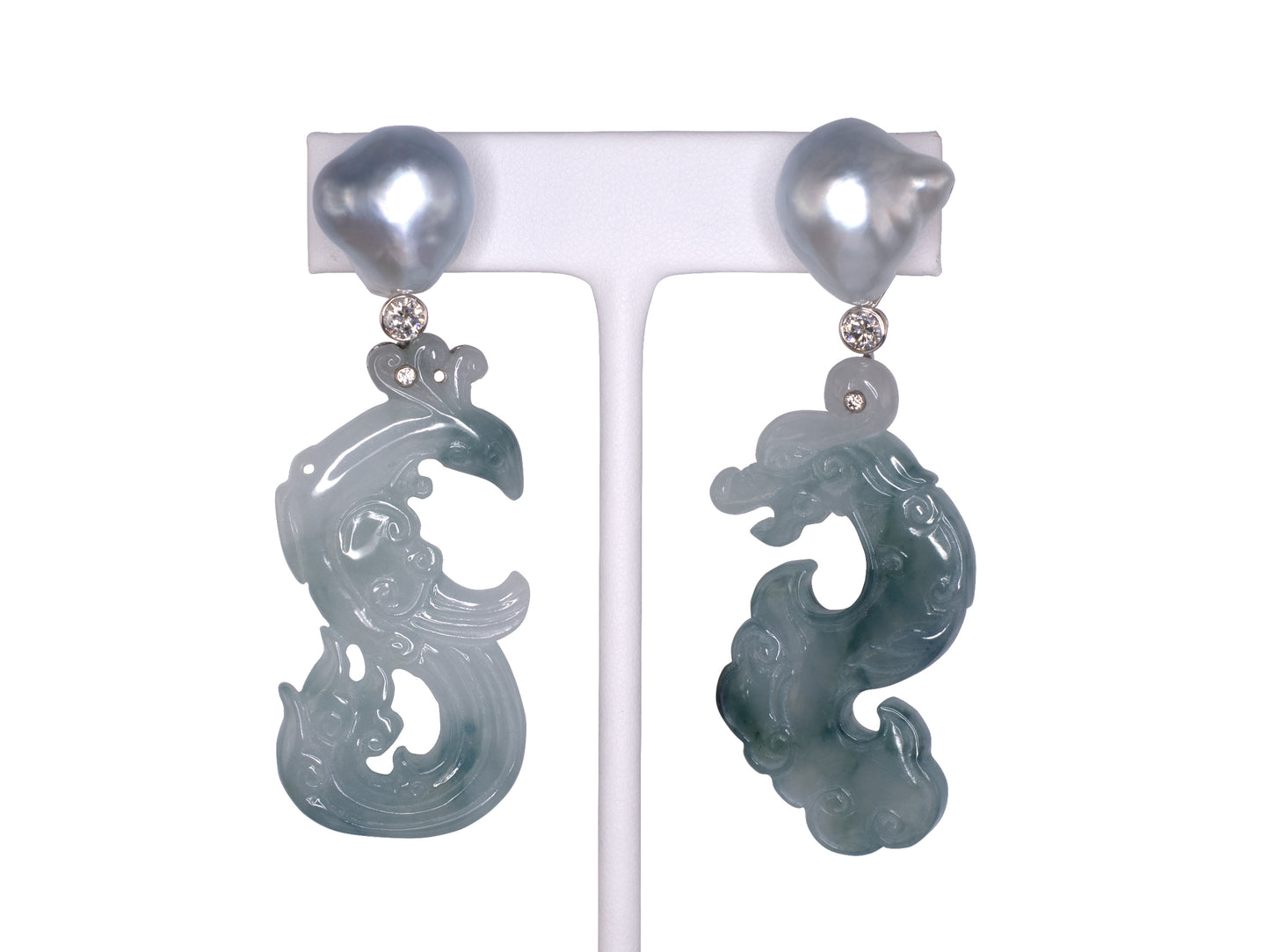 54370 - SOLD - Platinum Diamond Baroque Pearl Carved Jadeite Dragon Phoenix Earrings