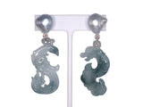 54370 - Platinum Diamond Baroque Pearl Carved Jadeite Dragon Phoenix Earrings