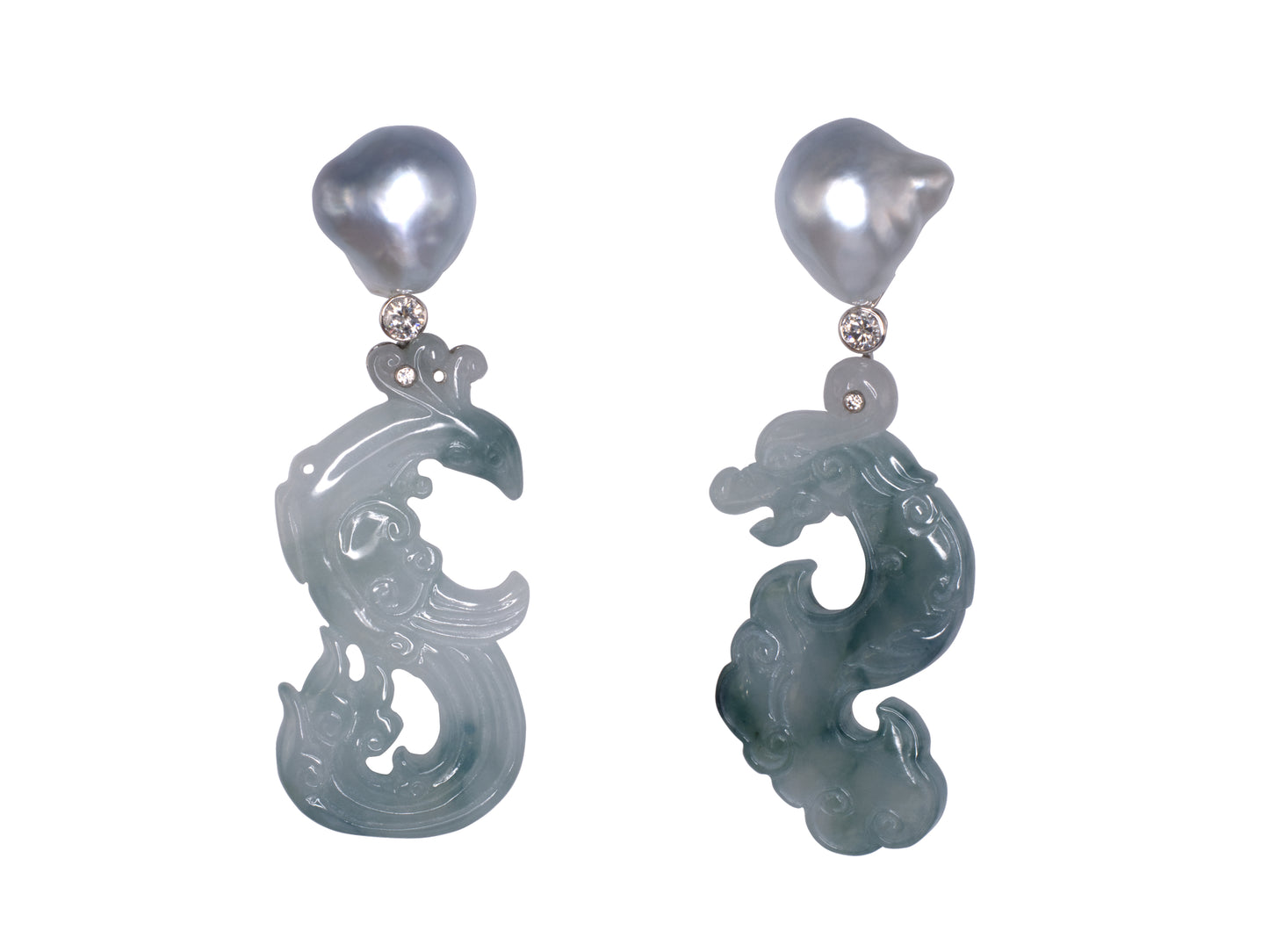 54370 - SOLD - Platinum Diamond Baroque Pearl Carved Jadeite Dragon Phoenix Earrings