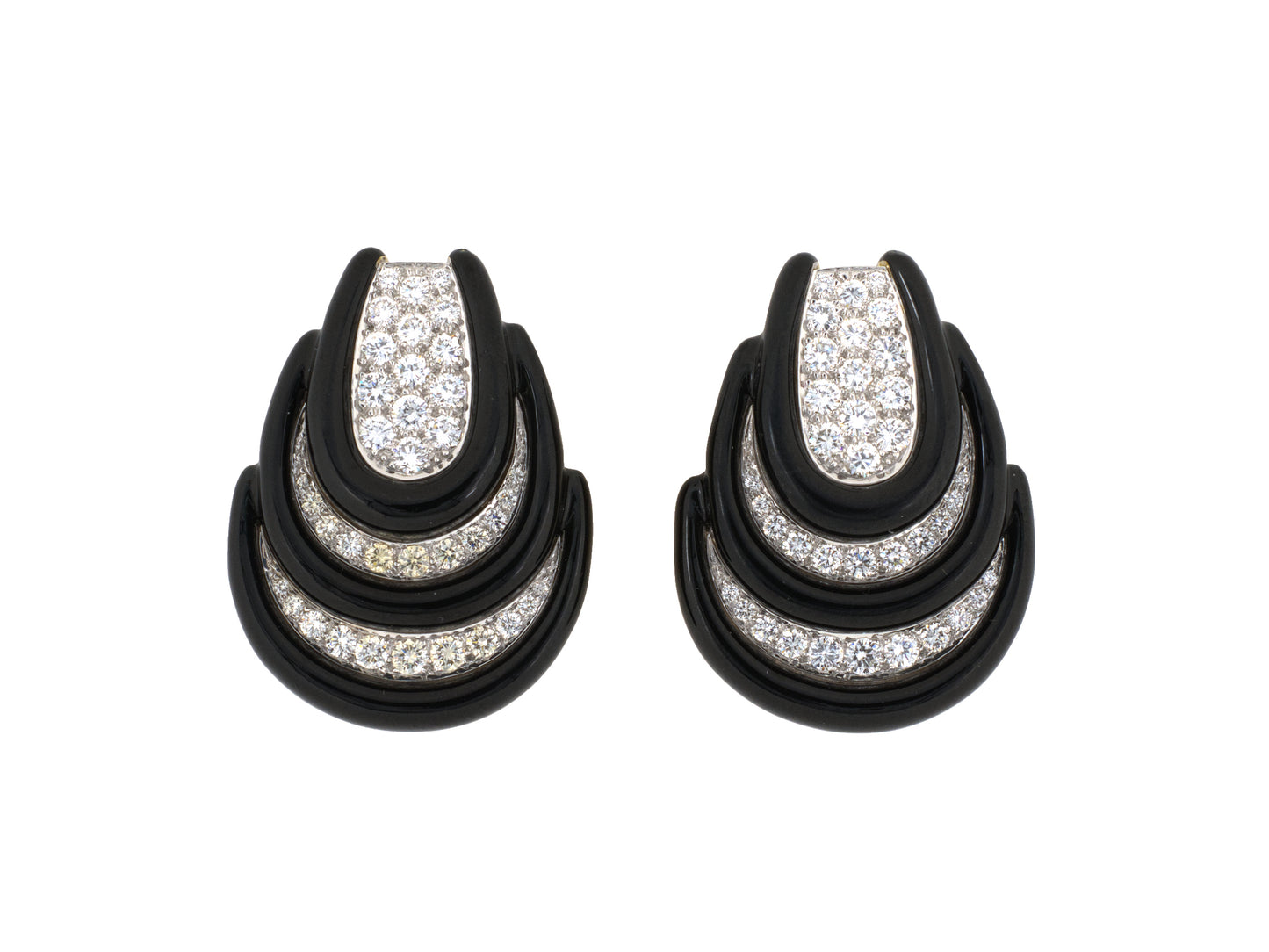 54375 - SOLD - Webb Gold Platinum Diamond Black Enamel Stepped Nesting Earrings