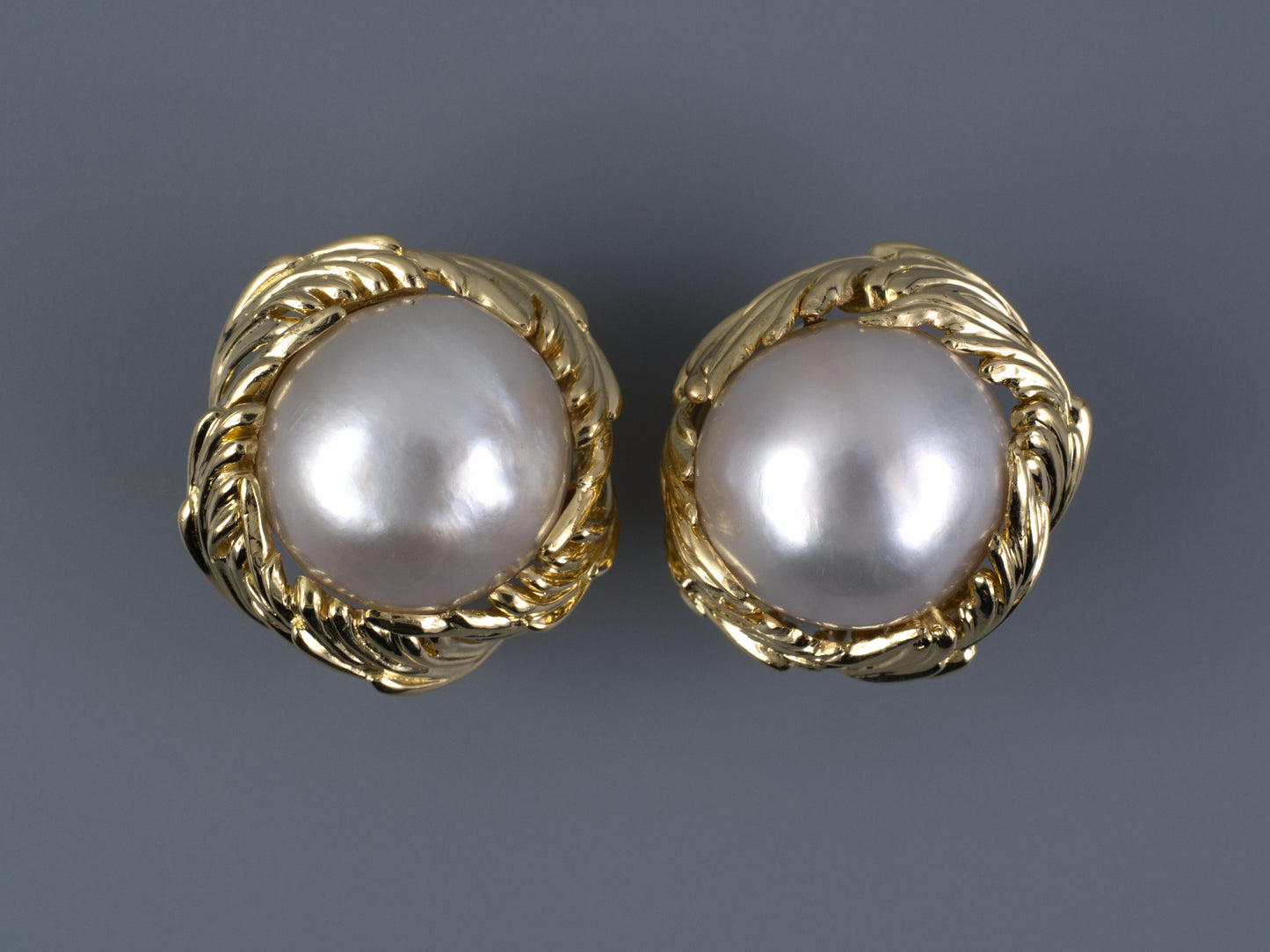 54377 - SOLD - Webb Gold Mabe Pearl Swirl Earrings