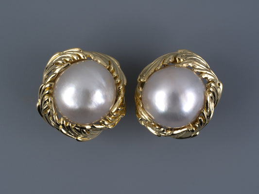 54377 - SOLD - Webb Gold Mabe Pearl Swirl Earrings