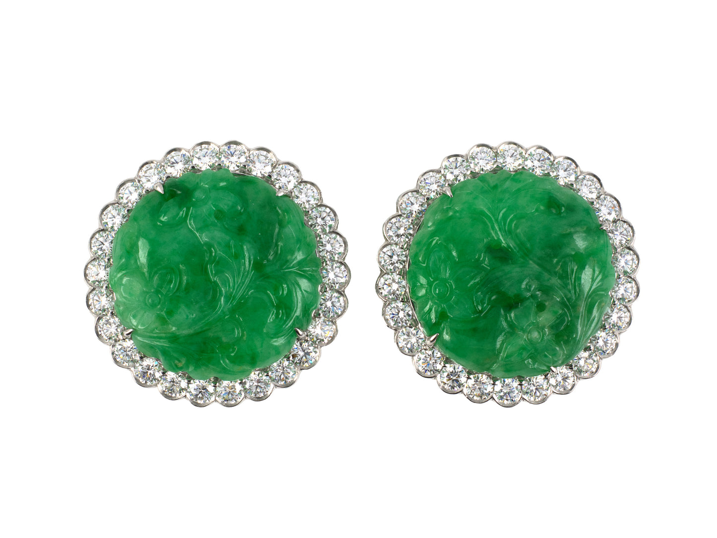 54381 - Platinum GIA Carved Jadeite Diamond Circular Floral Cluster Earrings
