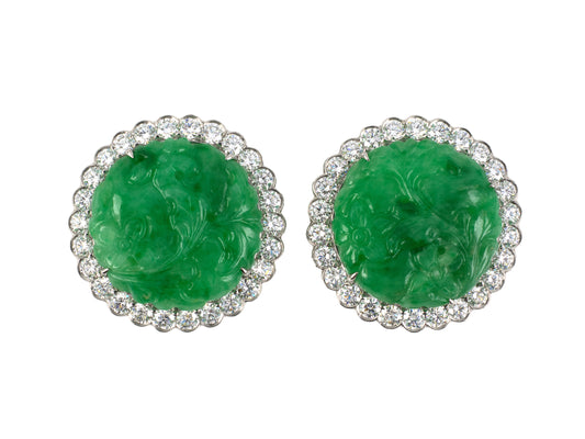 54381 - Platinum GIA Carved Jadeite Diamond Circular Floral Cluster Earrings