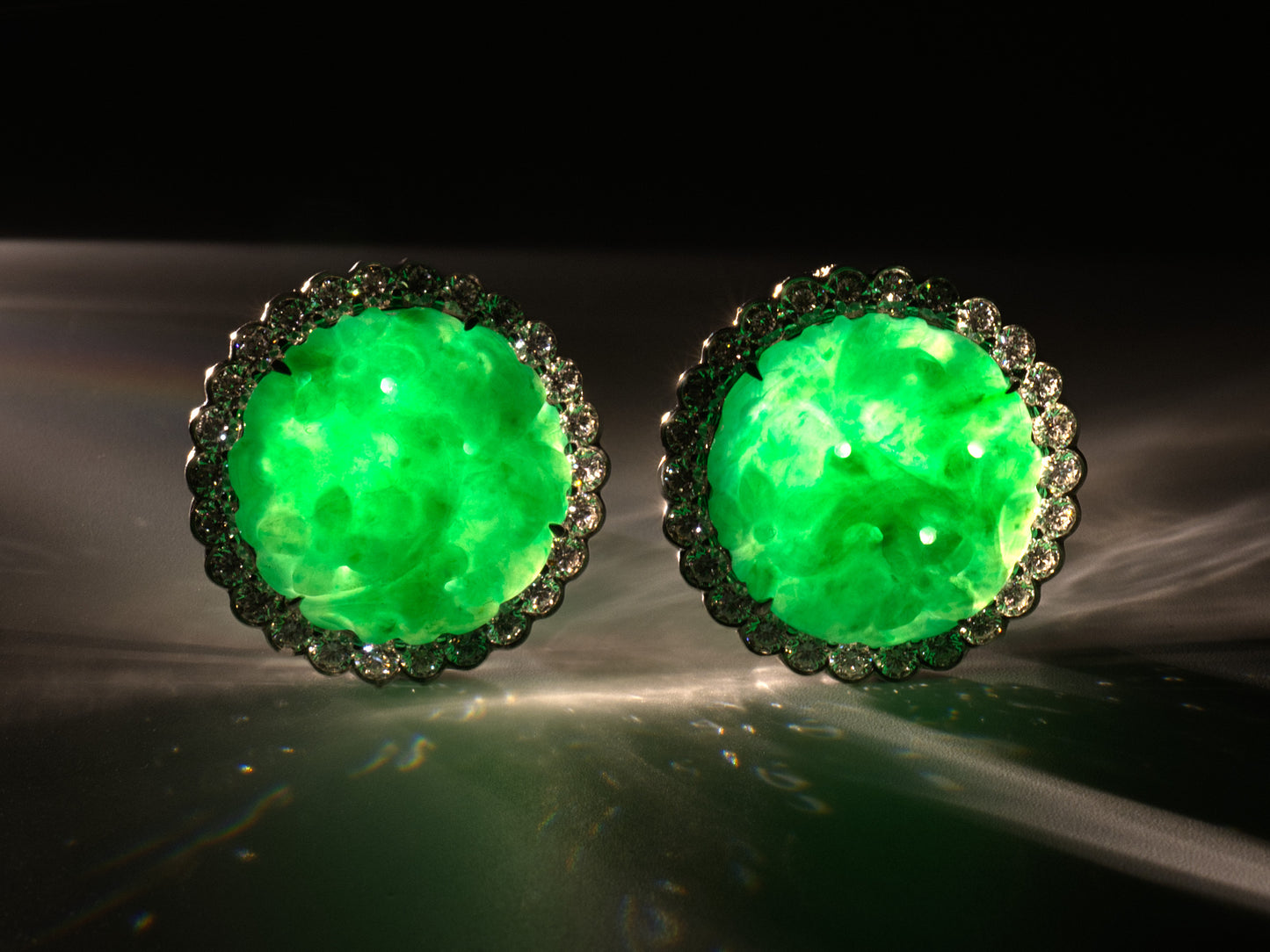 54381 - Platinum GIA Carved Jadeite Diamond Circular Floral Cluster Earrings