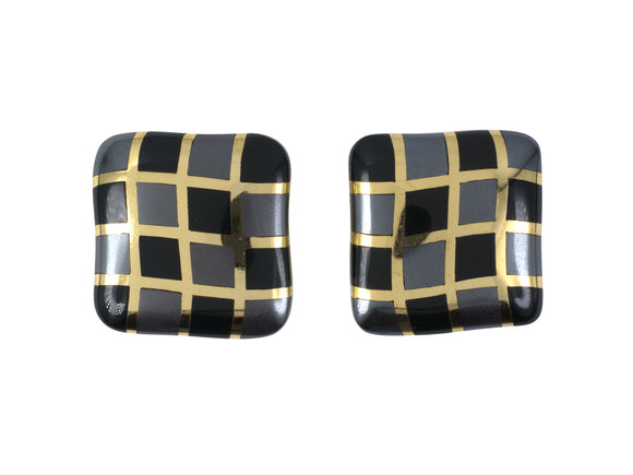 54383 - Circa 1980s Angela Cummings Gold Hematite Black Jade Wavy Checkerboard Earrings