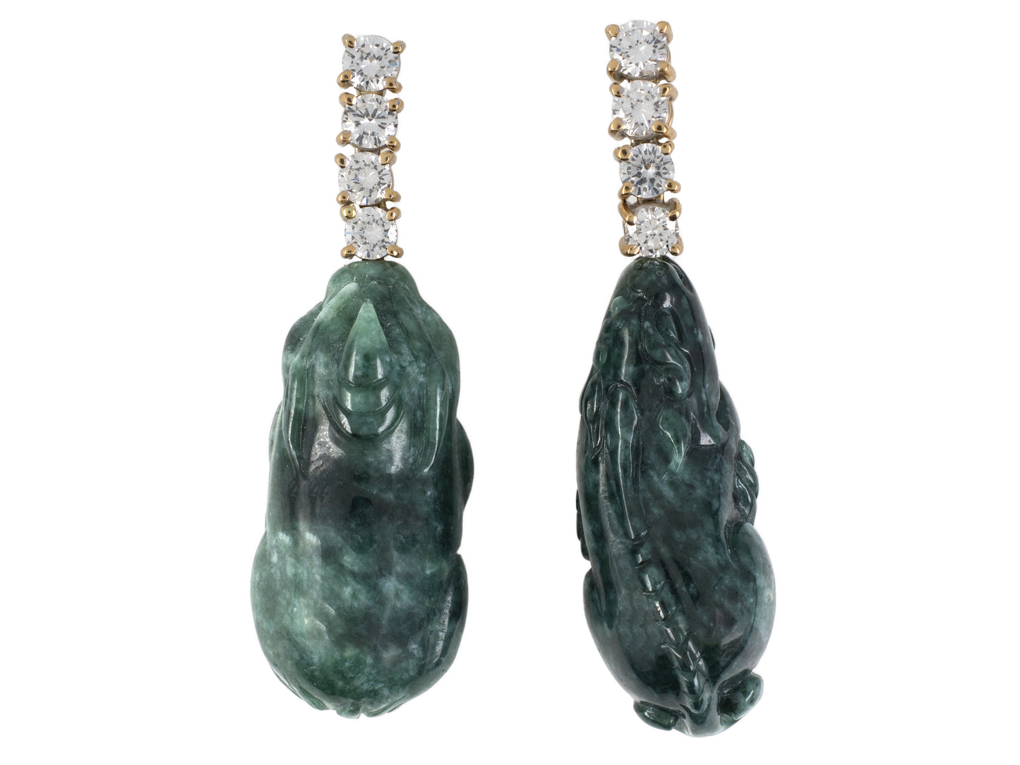 54389 - Gold Diamond Carved Jadeite Chinese Guardian Lions (Foo Dogs) Aysymetrical Dangle Drop Earrings