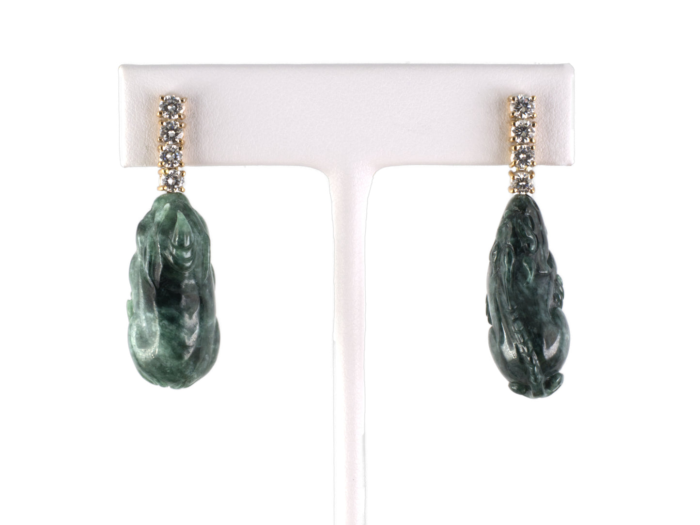 54389 - Gold Diamond Carved Jadeite Chinese Guardian Lions (Foo Dogs) Aysymetrical Dangle Drop Earrings
