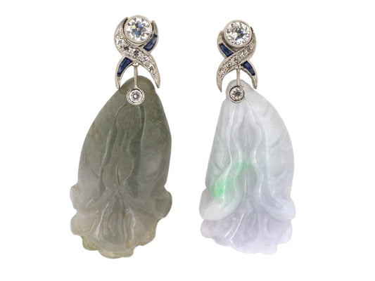54390 - Platinum Diamond Sapphire Jadeite Asymmetrical Carved Koi Fish Dangle Drop Earrings