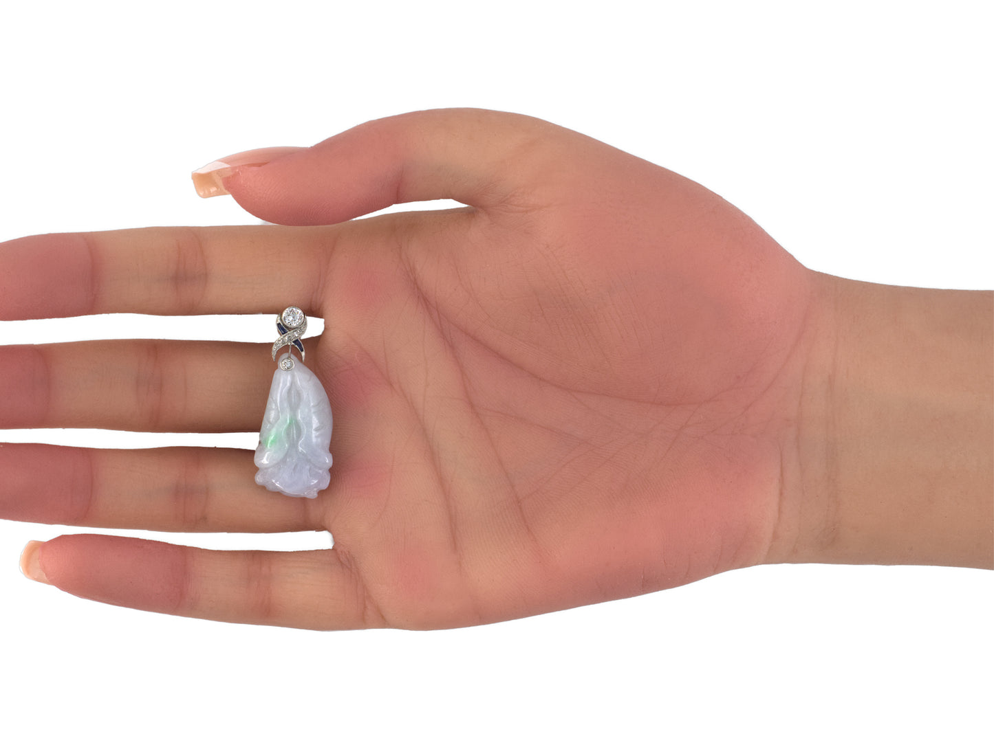 54390 - Platinum Diamond Sapphire Jadeite Asymmetrical Carved Koi Fish Dangle Drop Earrings
