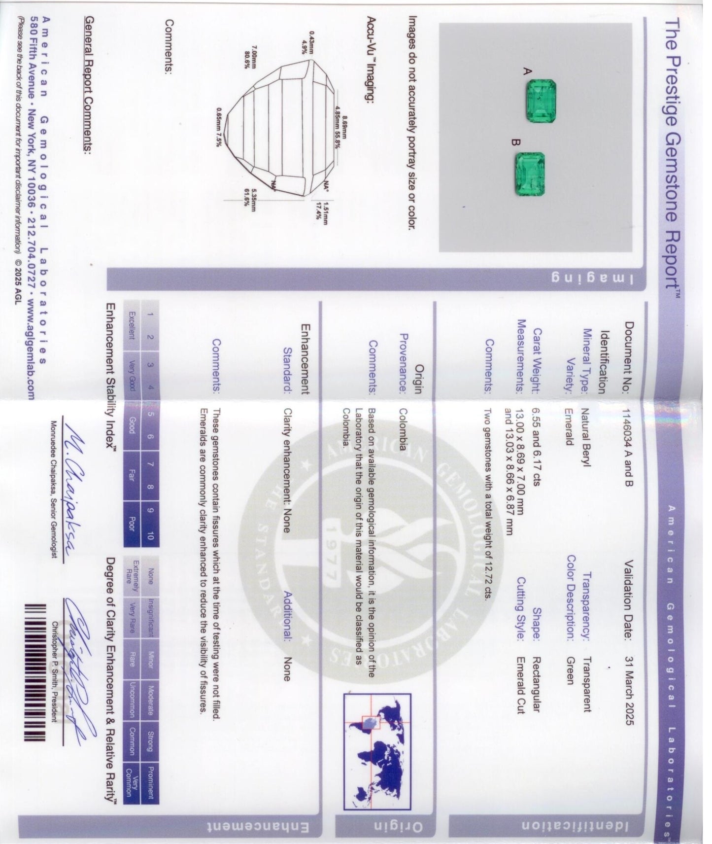 54392 - Cerro Platinum GIA Diamond AGL Emerald Drop Dangle Earrings