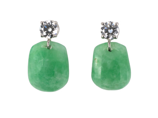 54395 - SOLD - Platinum Diamond Green Jadeite Briolette Dangle Drop Earrings