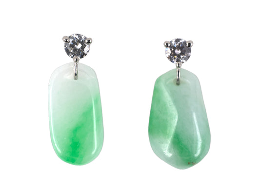 54398 - Platinum Diamond Green Jadeite Briolette Dangle Drop Earrings