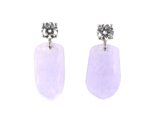 54402 - Platinum Diamond Lavender Jadeite Briolette Dangle Drop Earrings