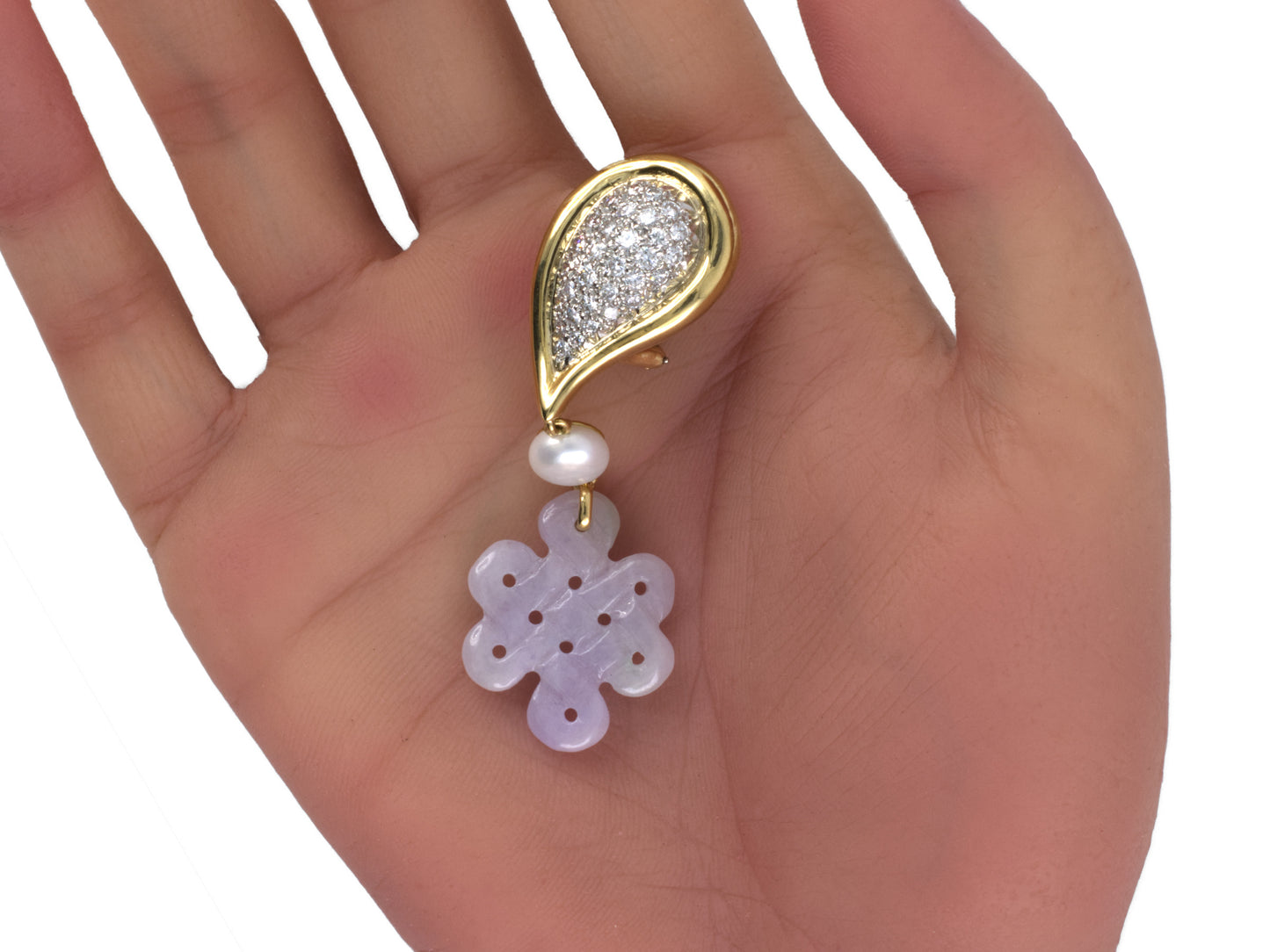 54405 - Circa 1980s Gold Platinum Diamond Pearl Lavender Jadeite Eternity Knot Drop Dangle Earrings