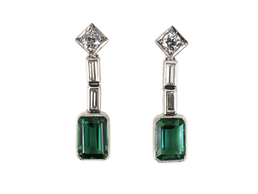 54407 - SOLD - Platinum Diamond Green Tourmaline Drop Earrings