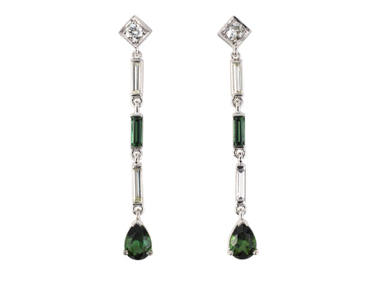 54408 - Platinum Diamond Green Tourmaline Dangle Drop Earrings
