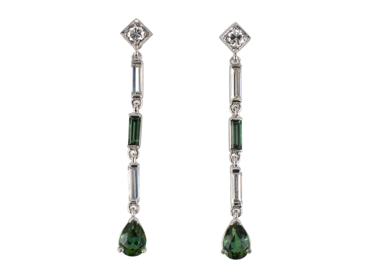 54409 - Platinum Diamond Green Tourmaline Dangle Drop Earrings