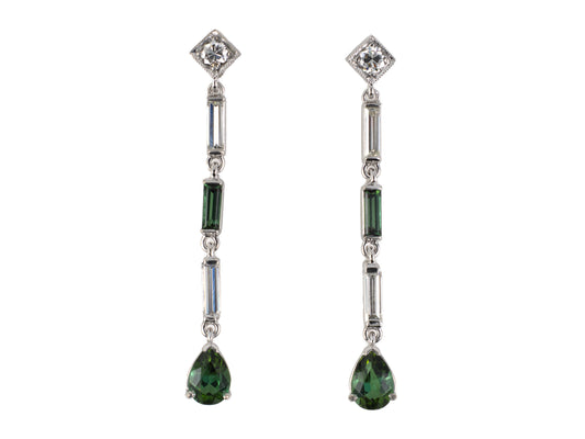54409 - Platinum Diamond Green Tourmaline Dangle Drop Earrings