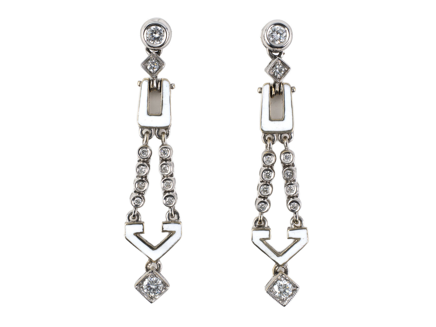 54410 - Gold Diamond White Enamel Geometric Drop Dangle Earrings