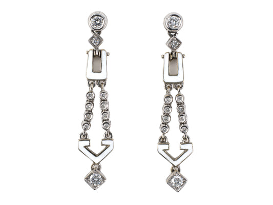 54410 - Gold Diamond White Enamel Geometric Drop Dangle Earrings