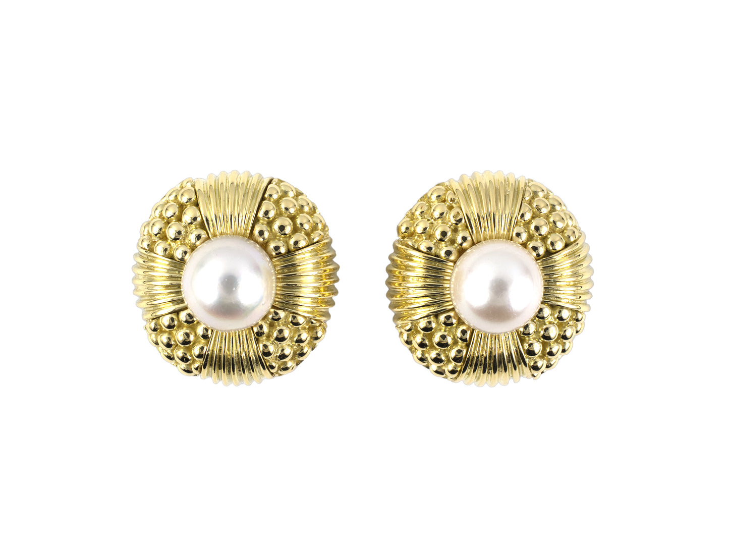 54413 - Circa 1980s Tiffany Gold Akoya Pearl Corrugated Beaded Earrings