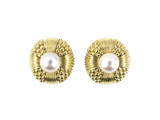 54413 - Circa 1980s Tiffany Gold Akoya Pearl Corrugated Beaded Earrings