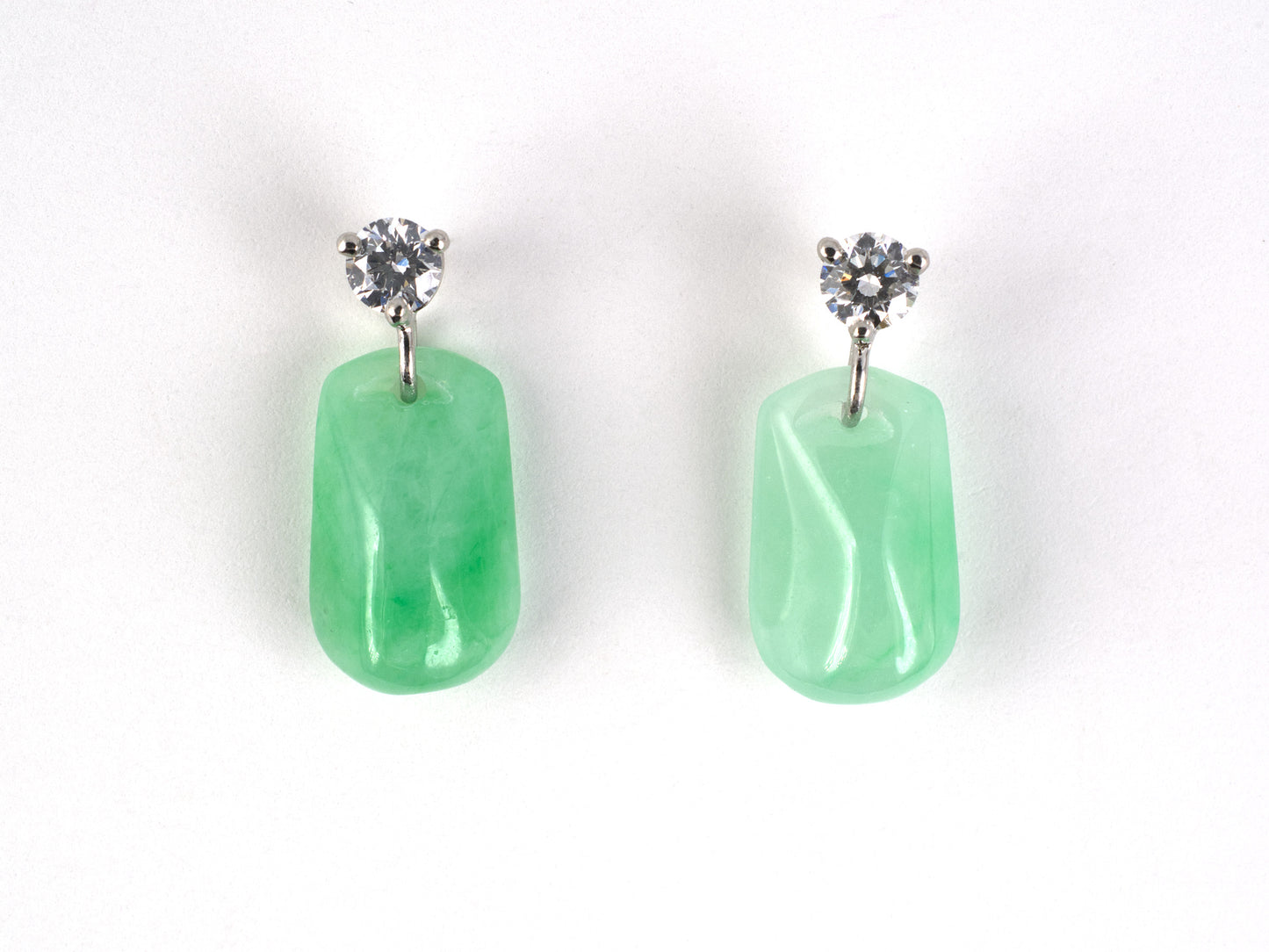 54425 - Platinum Diamond Green Jadeite Briolette Dangle Drop Earrings