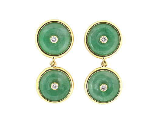 54429 - Gold Diamond Jadeite Pi Disc Dangle Drop Earrings