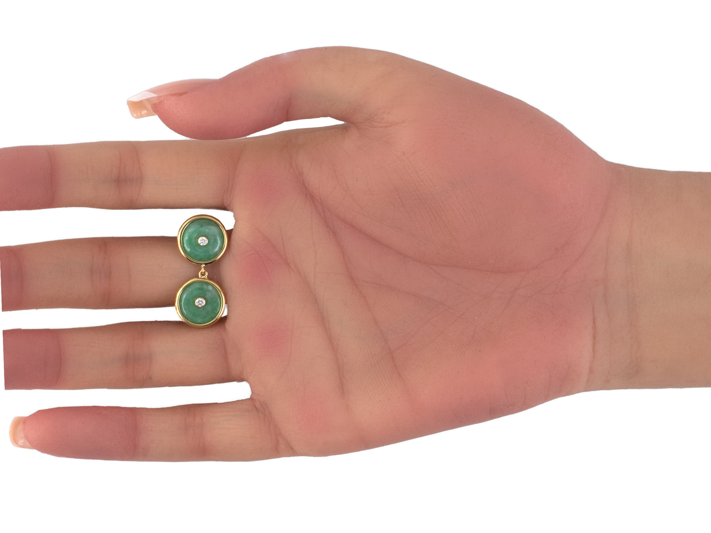 54429 - Gold Diamond Jadeite Pi Disc Dangle Drop Earrings