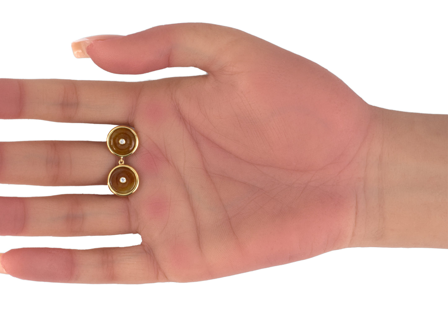 54431 - Gold Diamond Yellow Red Jadeite Pi Disc Dangle Drop Earrings