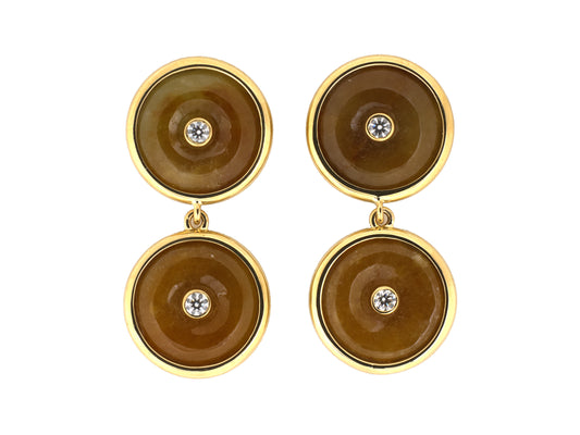 54433 - Gold Diamond Green Yellow Red Jadeite Pi Disc Dangle Drop Earrings