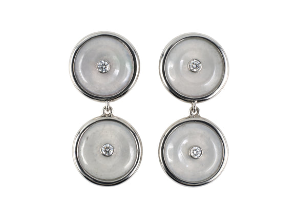54435 - Platinum Diamond White Jadeite Pi Disc Dangle Drop Earrings