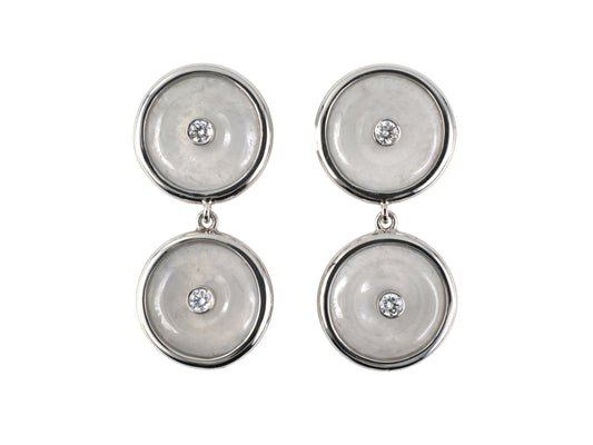 54438 - Platinum Diamond White Jadeite Pi Disc Dangle Drop Earrings