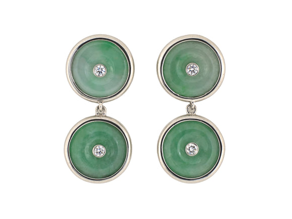 54441 - Platinum Diamond Jadeite Pi Disc Dangle Drop Earrings