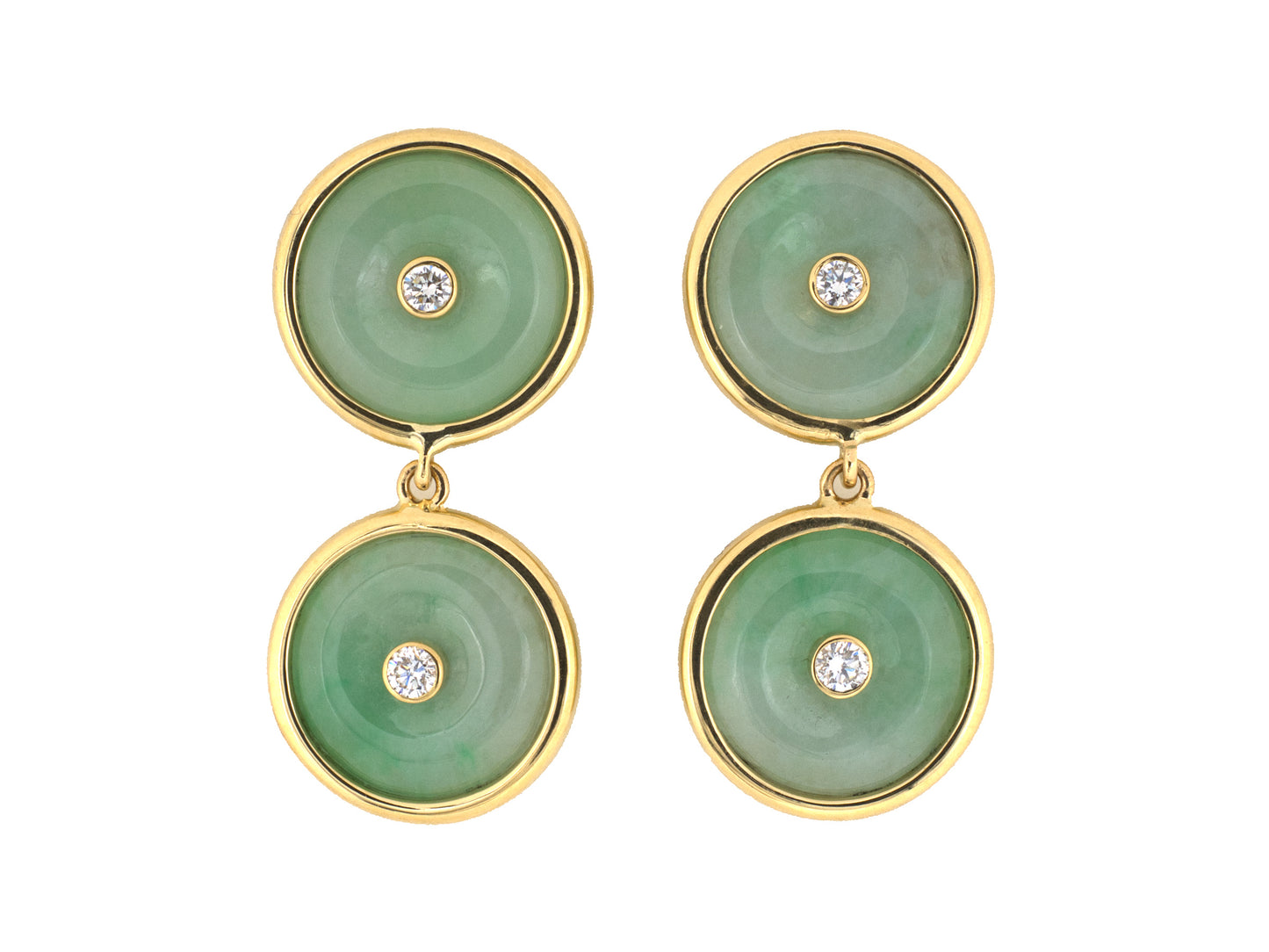 54442 - Gold Diamond Jadeite Pi Disc Dangle Drop Earrings