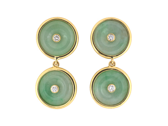 54442 - Gold Diamond Jadeite Pi Disc Dangle Drop Earrings