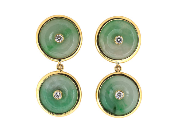 54443 - Gold Diamond Jadeite Pi Disc Dangle Drop Earrings