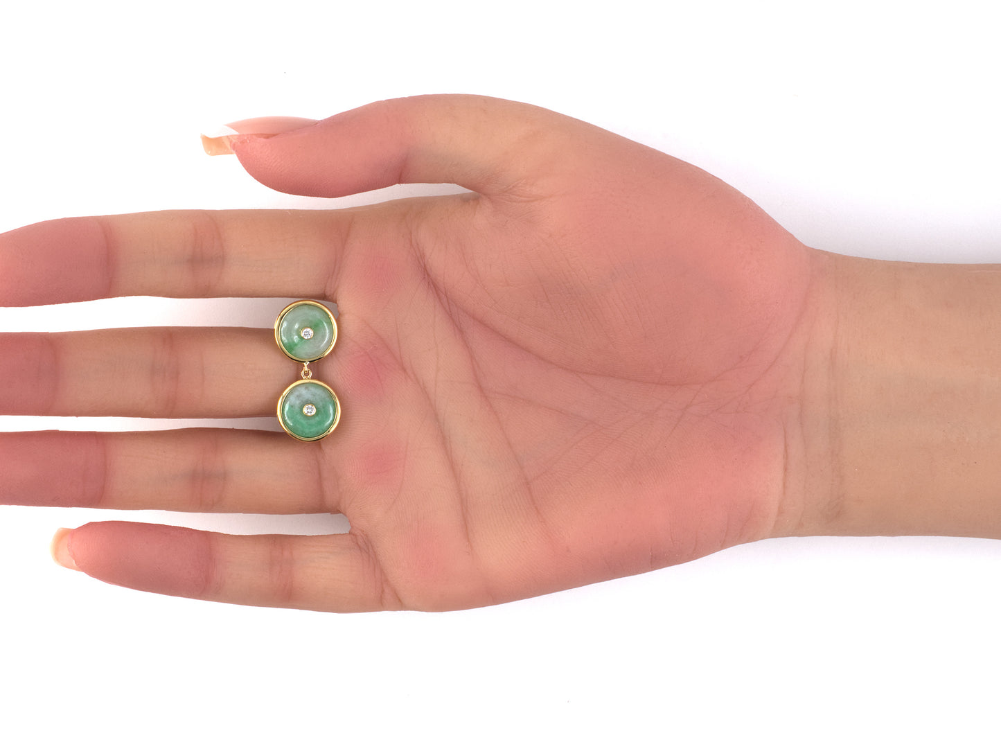 54443 - Gold Diamond Jadeite Pi Disc Dangle Drop Earrings