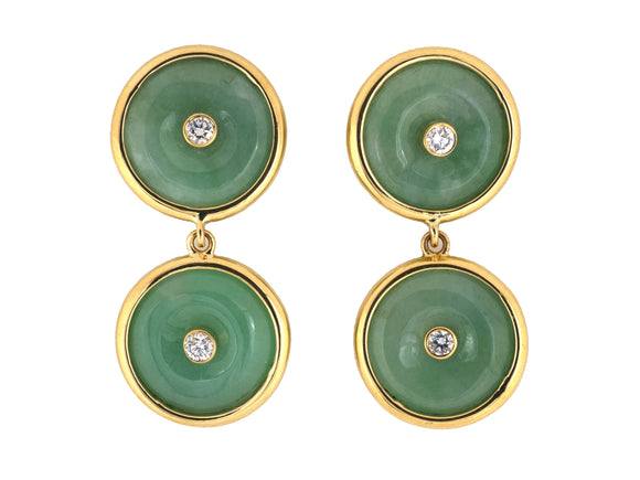 54444 - Gold Diamond Jadeite Pi Disc Dangle Drop Earrings