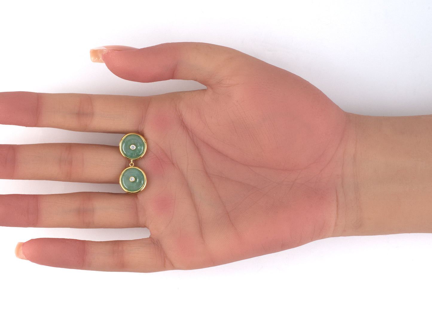 54444 - Gold Diamond Jadeite Pi Disc Dangle Drop Earrings