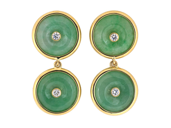 54445 - Gold Diamond Jadeite Pi Disc Dangle Drop Earrings