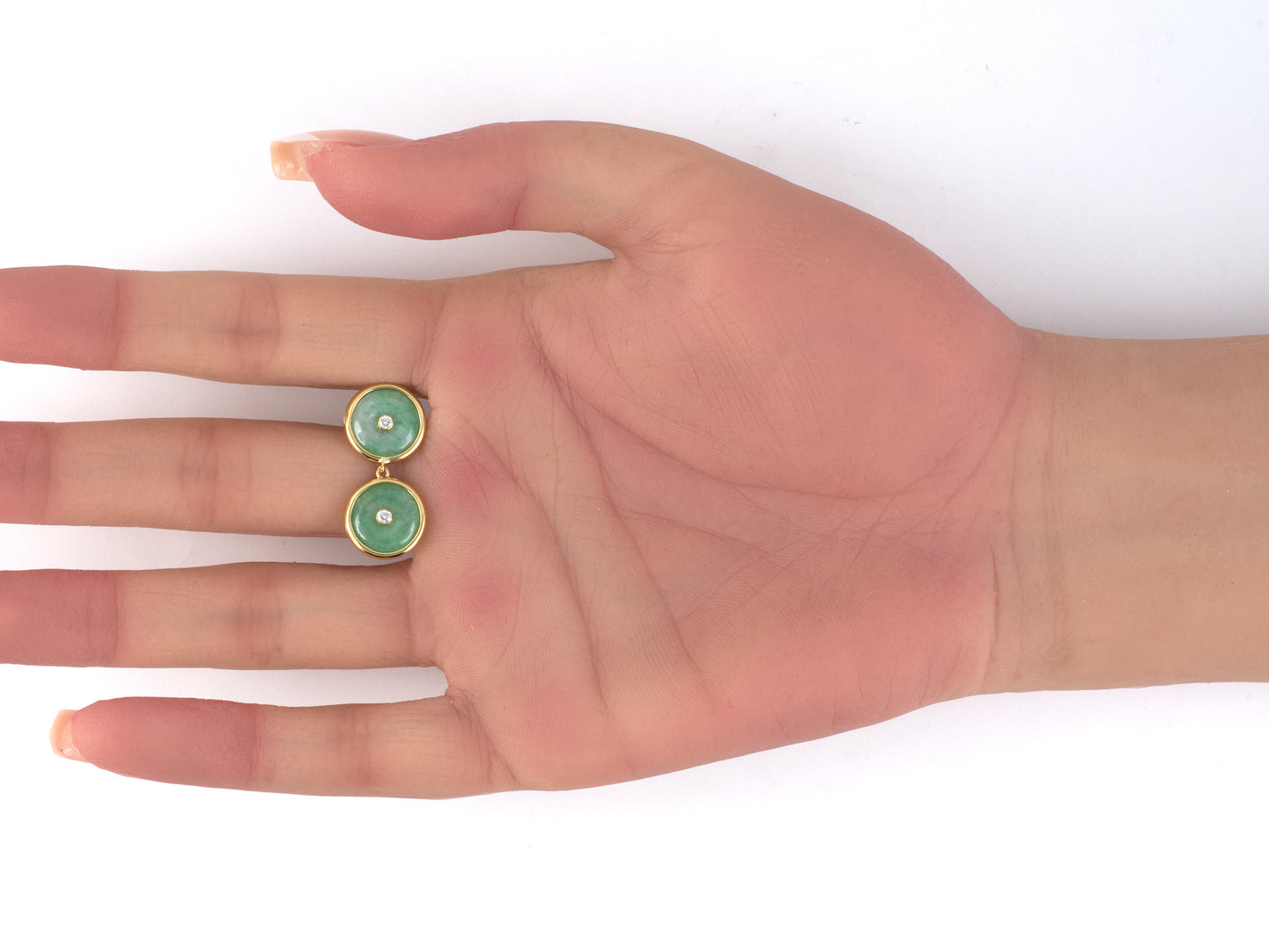 54445 - Gold Diamond Jadeite Pi Disc Dangle Drop Earrings