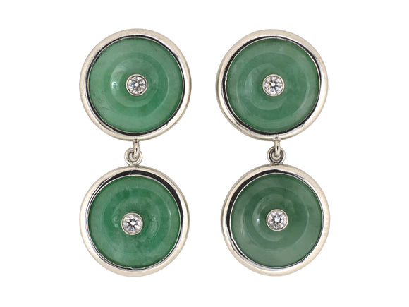 54446 - Platinum Diamond Jadeite Pi Disc Dangle Drop Earrings