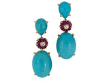 54449 - Circa 1960 Gold Turquoise Ruby Diamond Cluster Dangle Drop Earrings