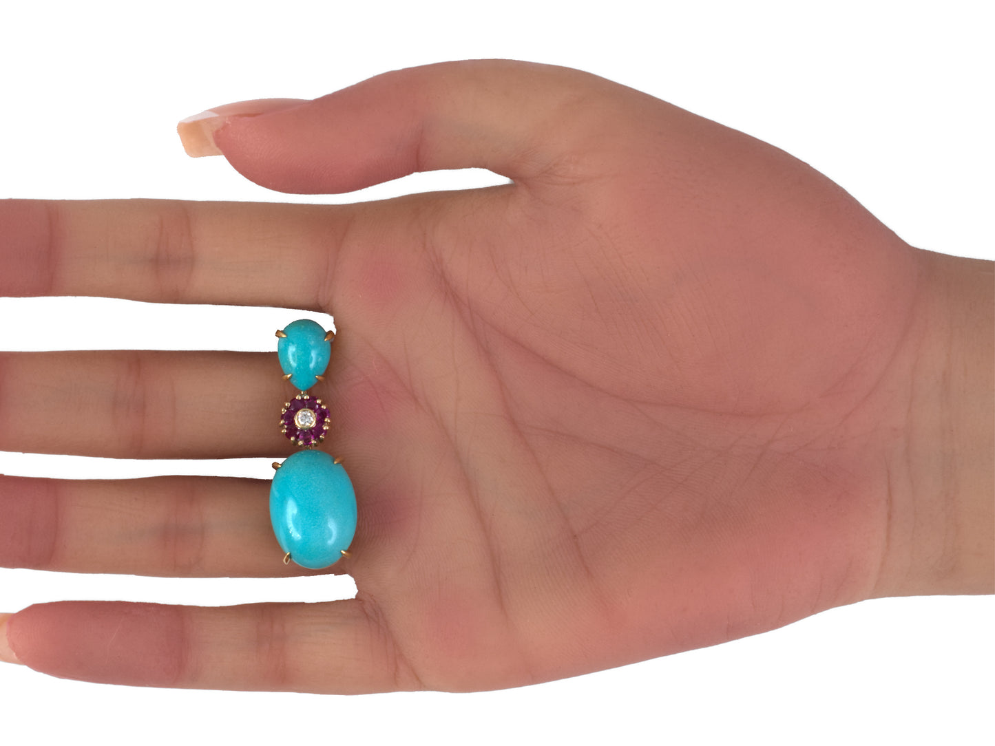 54449 - Circa 1960 Gold Turquoise Ruby Diamond Cluster Dangle Drop Earrings